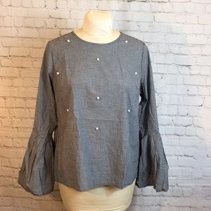 NWT Time & Tru Blouse Pearl Accent Top Long Flounce Sleeve Large